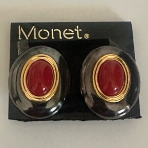 Vintage Monet Red and Gold Oval Clip-On Earrings